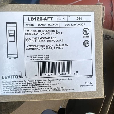 1 Leviton LB120-AFT 1-Pole TM Plug-In Circuit Breakers 120V 20A New Unopened