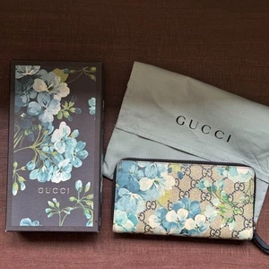 GUCCI GG Blooms Long Wallet Floral Flower Blue Round Zipper With Box Used - Picture 1 of 14