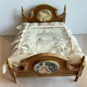 Vintage DollHouse Wood Full/Queen Bed w Coverlet + Applied Art Nouveau Details - Picture 1 of 6