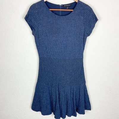 Mini Vestido Banana Republic a Rayas Talla 6 Azul Marino Mezcla de Lino Manga Gorra Foto 1 de 4