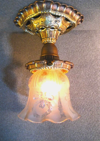 Antique Ceiling Light w Etched Shade Restored Metallic Finishes Rewired Welsbach Cover