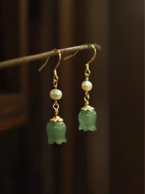 Pendientes colgantes de perlas con flor de jade lirio verde natural para mujer regalo Foto 1 de 4