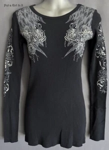 New VOCAL Womens CRYSTAL BLACK CROSS ANGEL WINGS Y2K LONG SLEEVE SHIRT S - Picture 1 of 3