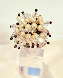 Vintage Klarglas Kristall Faux Perle Perlen Cha' Cha Ring Silberfarben Gr.9 Adj - Bild 1 von 16