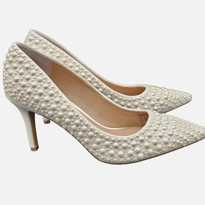 Mujer INC Off White Punta Punta Punta Imitación Media Perla Retro Fiesta Bombas 7M Foto 1 de 4