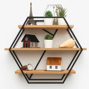 Floating Wall Mounted Display Shelf 3 Tiered Wooden Shelves Black Frame Shelving - Picture 1 of 15