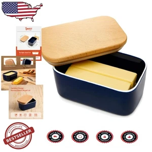 Große Marine Porzellan Butterdose - Buchenholzdeckel, luftdicht verschlossen, hält 2 Stäbchen - Bild 1 von 8