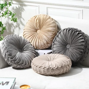4 Count round Throw Pillow Velvet Pleated 3D Pumpkin Boho Floor Cushion 14.17 In - Picture 1 of 12