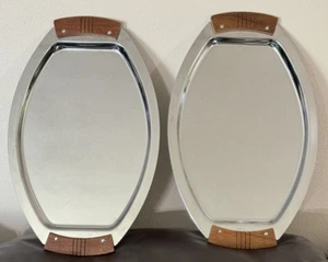 Vintage Kromex Chrome Serving Trays With Wood Handles Made In The USA Qty. 2 - Picture 1 of 23