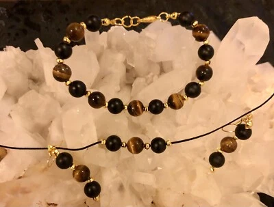 Juego de joyas de piedra natural ojo de tigre y ónix negro Foto 1 de 3