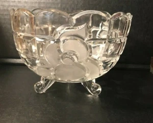 Glass Bowl Frosted Rose Flower Design Crystal Footed 3 Feet Round Scalloped Edge - Picture 1 of 3