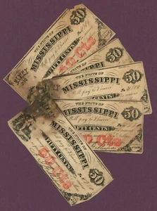 Notas obsoletas 1864 State of Mississippi, Macon, MS 50c - Grupo de 5 (D61001) - Imagen 1 de 5