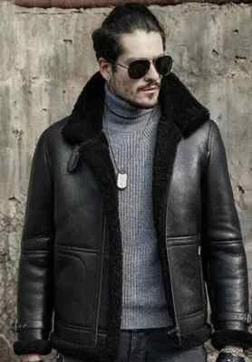 Men's Black B3 RAF Aviator Bomber Fur Shearling Real Sheepskin Leather Jacket - Image 1 of 4