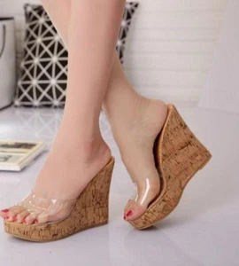 Schicke durchsichtige Damen-Plateausandalen offene Zehenpartie Freizeit hoher Keilabsatz Hausschuhe Schuh - Bild 1 von 8