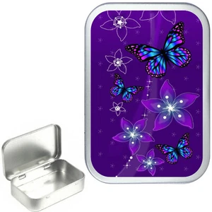 PURPLE BUTTERFLIES SILVER HINGED 1oz TOBACCO TIN, 50ml CRAFT TIN,PILL BOX - Picture 1 of 1