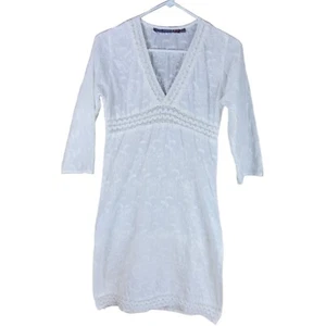 ControCorrente White Embroidered Cotton Dress 3/4 Sleeve V-Neck Women's S/M - Picture 1 of 11