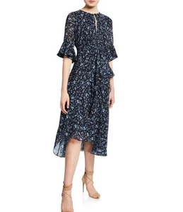 Shoshanna Dress Women 4 Midi Floral Stellato Asymmetrical Ruffled Sleeve B21 - Picture 1 of 15