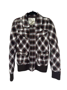 Vintage Y2K Fusion Denim Medium Mokka Brown Plaid Bomber Jacket Grunge Academia - Bild 1 von 9