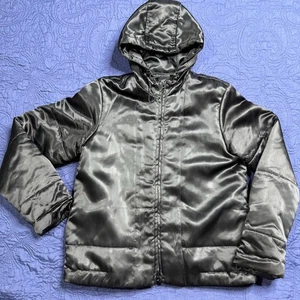 Vintage Ralph Lauren Jacket Womens L Black Shiny Satin Coat Hooded Zip Up - Picture 1 of 6