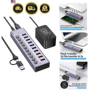 Powered USB 3.0 Hub 10 Ports Splitter with Quick Charge and LEDs Grey - Picture 1 of 11