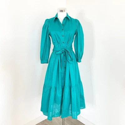 Witchery Cotton Voile Tiered Dress Size 6 Teal Puff Sleeve Button Front Belted - image 1 of 4