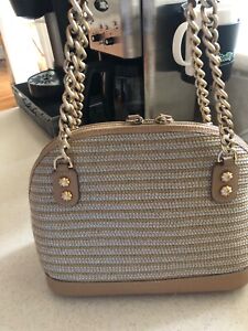 ERIC JAVITS BEIGE SILVER GOLD BAG WITH DOUBLE GOLD CHAIN HANDLE