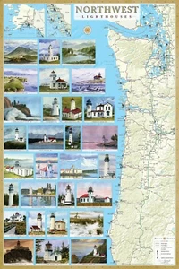 Pazifischer Nordwesten Leuchttürme illustrierte Karte Poster 24x36 laminiert. OR, WA, AK - Bild 1 von 3