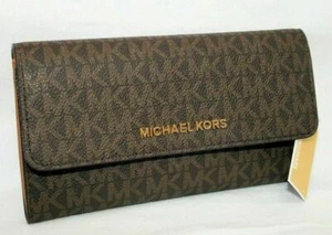 MICHAEL KORS JET SET TRAVEL LARGE TRIFOLD MK SIGNATURE WALLET BROWN - Picture 1 of 4