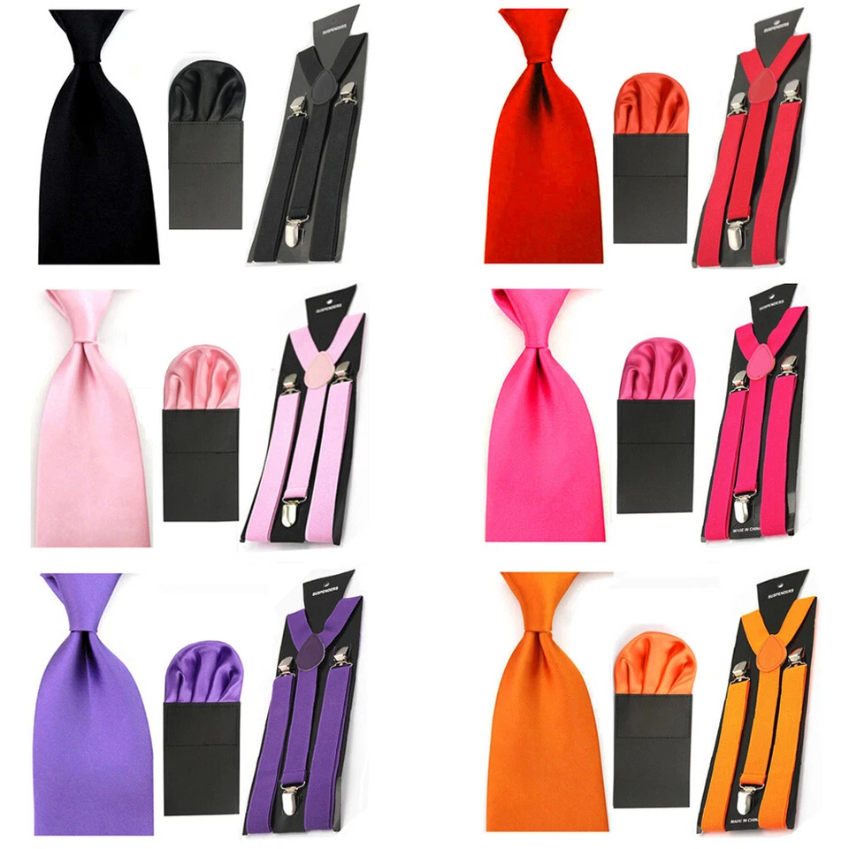 Men Solid 8CM Wide Tie Handkerchief Pocket Square Elastic Braces Suspender Set - Image 1 of 1