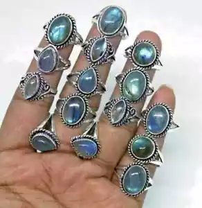 Lotto anelli fantasia all'ingrosso gemma fresca labradorite argento sterling 925 placcato ~ - Foto 1 di 3