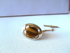 Vintage Men's Goldtone Oval Tiger Eye Tie Tack - Picture 1 of 4