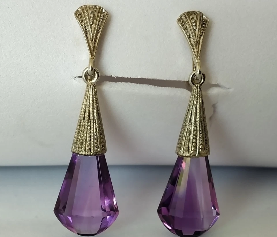 ANCIENNES BOUCLES D'OREILLES ART DÉCO OR 14K AMÉTHYSTE BRIOLETTE 585 earrings - Photo 1/4