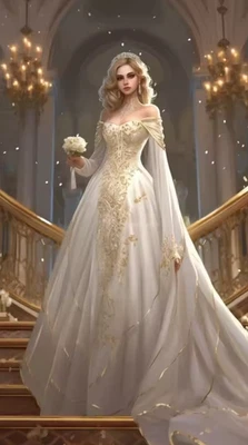 Vestido de novia histórico medieval apliques dorados hombros descubiertos hadas vestidos de novia Foto 1 de 4