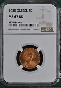 1988 GREECE 2 DRACHMES NGC MS-67 RD - Tied Finest Known None Higher 001 - Picture 1 of 2