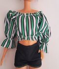 Barbie Fashion Doll Clothes. Green Stripe Off Shoulder Top & Black Shorts. Fab!