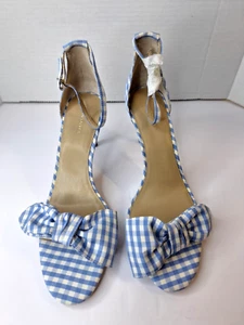 ANN TAYLOR Blue White Kingsley Gingham Plaid Bow Heels Sz 11M Cottage Retro Y2K - Picture 1 of 11