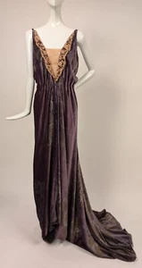 LATE 1920’S ITALIAN GALLENGA HAND STENCILED SILK VELVET DRESS W LONG TRAIN - Picture 1 of 11