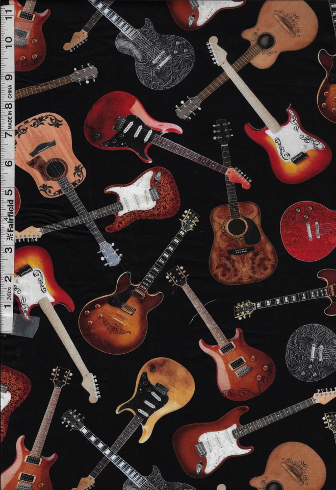 Black Tossed Guitars Honky Tonk Collection by Timeless Treasures bty - Image 1 of 1