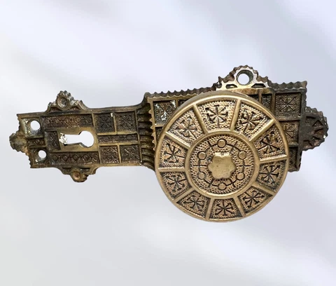 1880's Gilbert Lock Co. Eastlake Brass “tuxedo” Allentown Door Knob & Back Plate Cover