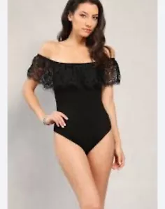 Fashion Nova Black Lace neck Cold Shoulder Bodysuit Size M Boho - Picture 1 of 4