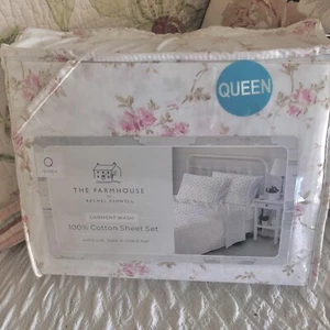 The Farmhouse Rachel Ashwell Queen Sheet Set Pink Roses White Cotton Cottagecore - Picture 1 of 7