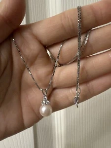 14k White Gold 8mm Cultured Akoya Pearl VS Diamonds Necklace Costco - Picture 1 of 10