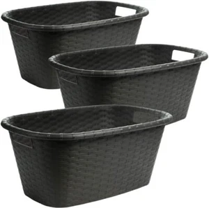 3Stk. Wäschekorb Wäschewanne Plastik Rattan Kunststoff Korb Griffen Anthrazit - Bild 1 von 8