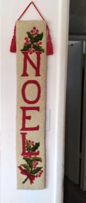 CHRISTMAS VTG NOEL TAPESTRY NEEDLEPOINT Wall Hang Handmade Holly 40" L x 6" W - Image 1 of 4