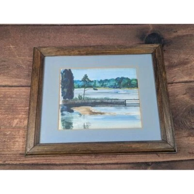 Оригинальная акварель в рамке картина озеро сцена парусник 16 x 13 дюймов - Изображение 1 из 4