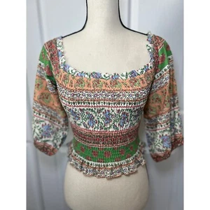 Zara Smocked Crop Top Floral Print Linen Square Neck 3/4 Sleeve Blouse M - Picture 1 of 6