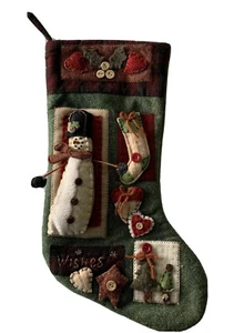 EUC Patchwork Plush Snowman Christmas Holiday Stocking Buttons Felt Trees Heart - Picture 1 of 12