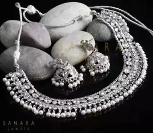 Indian Bollywood Women Jewelry Necklace Silver Plated Wedding Pearl Earring - Picture 1 of 3