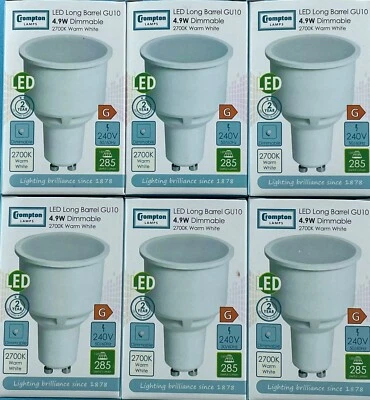 6 x Crompton 4.9W Dimmable GU10 Long Neck LED 74mm x 50mm 3k Warm White 14893 - Image 1 of 4