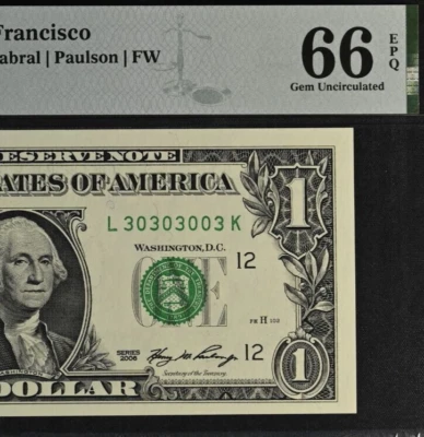 2006 $1 Federal Reserve Note PMG 66EPQ Gem Fancy Serial Number 30303003 - Image 1 of 3